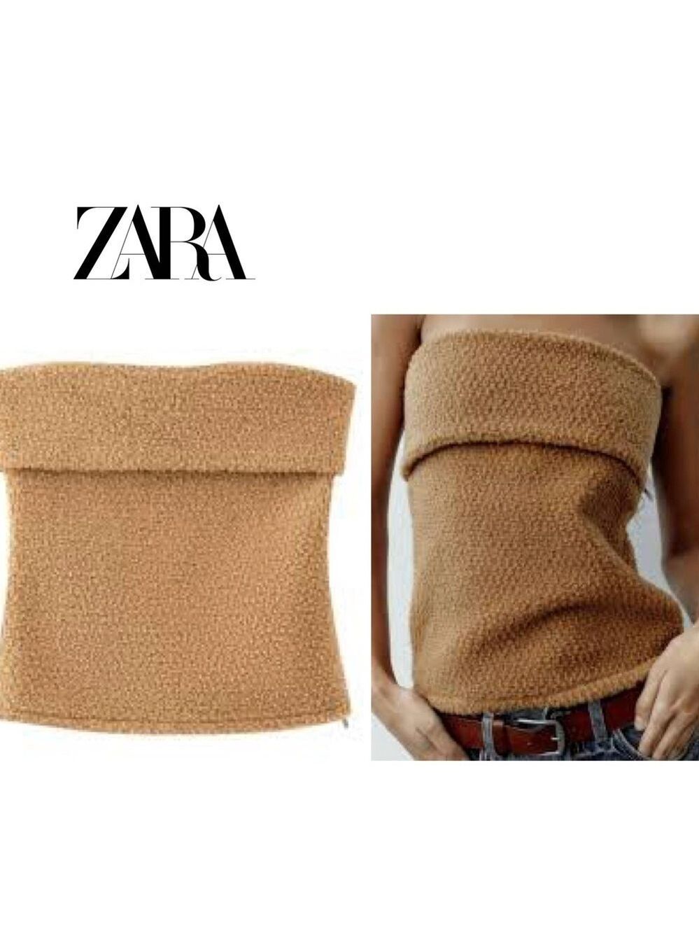 Zara sherpa strapless tube top in camel brown Sz XS NWOT